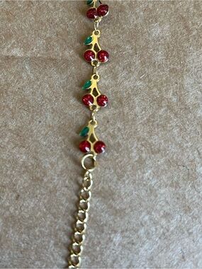 18kt Gold plated steel frame Cherry Link Bracelet with Red Enamel Berries